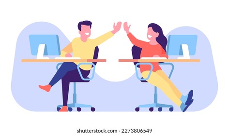 Office workers high five each other as sign of teamwork. People working together. Man and woman sitting at tables. Employees collaboration. Professional cooperation