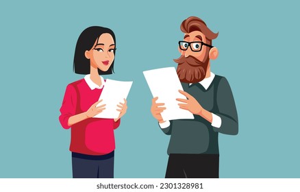 
Office Workers Holding Documents Vector Cartoon Illustration. Business people reading contracts and clauses in partnership 
