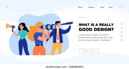 Office workers holding megaphone, binoculars and spyglass. Business people searching for new opportunities or employees flat vector illustration. HR, recruitment, career concept for banner