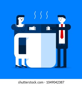 Office workers hugging coffe mug. Break, energy, drowsiness. Modern vector illustration in colorful flat style.