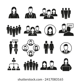 Office workers icons set. Black and white badges with male and female entrepreneurs or business employees. Design element for web interface. Cartoon flat vector collection isolated on white background