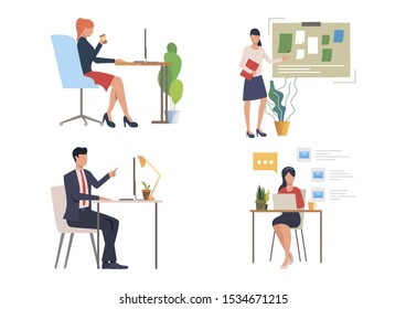 Office workers illustration set. Employees working at computer, sitting at workplace, standing at planning board. Office concept. Vector illustration for landing pages, presentation slide templates