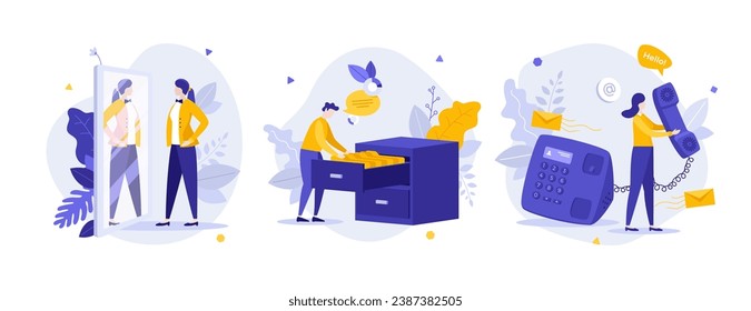 Office workers job flat concept vector illustrations set. Corporate culture and service for customer cartoon composition. Career promotion in company idea for website, mobile, presentation