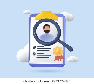 Office workers job list, list of job applicants. Human resource, find the job. Concept of choice of worker or personnel, staff recruitment or employee hiring. 3D cartoon colorful vector illustration