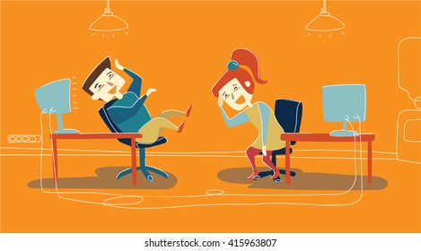 Office workers are joking. Office cute laughed characters. Funny joke that stops work process. Office friendly and cute  atmosphere. April's fool day.