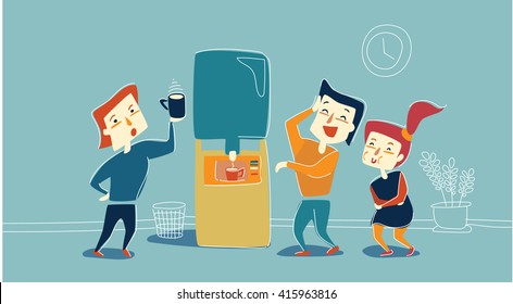 Office workers are joking. Office cute laughed characters. Funny joke that stops work process. Friendly office. Office workers laughing and drinking coffee.