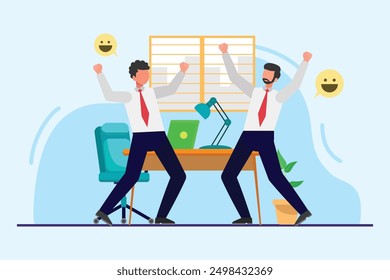 Office workers joy at work. Career, business achievement concept. Colored flat vector illustration isolated.	