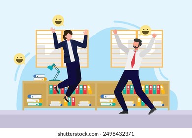 Office workers joy at work. Career, business achievement concept. Colored flat vector illustration isolated.	