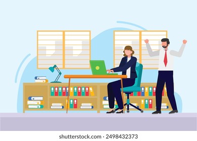 Trabajadores de oficina disfrutan en el trabajo. Carrera, concepto de logro empresarial. Ilustración vectorial plana de color aislada.	