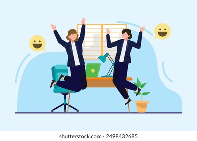 Office workers joy at work. Career, business achievement concept. Colored flat vector illustration isolated.