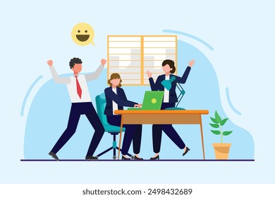 Office workers joy at work. Career, business achievement concept. Colored flat vector illustration isolated.