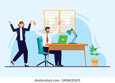 Office workers joy at work. Career, business achievement concept. Colored flat vector illustration isolated.