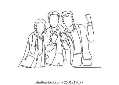 Office workers joy at work. Career, business achievement concept. Single line draw design vector graphic illustration.