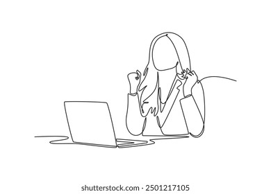 Büroangestellte freuen sich an der Arbeit. Karriere, Erfolgskonzept. Einzeiliges Zeichnungsdesign, Vektorgrafik.