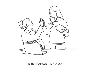 Office workers joy at work. Career, business achievement concept. Single line draw design vector graphic illustration.