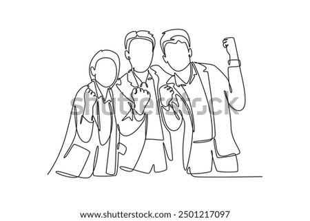 Office workers joy at work. Career, business achievement concept. Single line draw design vector graphic illustration.