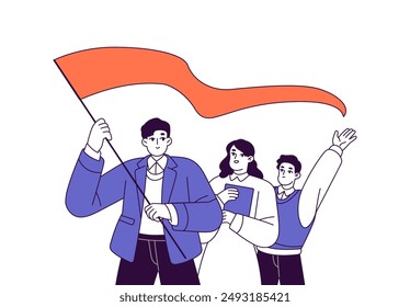 El líder de los trabajadores de oficina sostiene la bandera en las manos. Empleado lidera equipo de negocios para ganar. Los ganadores se regocijan por el éxito del trabajo en equipo. Concepto de liderazgo. Ilustración vectorial de contorno aislado plano sobre fondo blanco