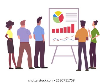 Trabalhadores de escritório olhando para o quadro com gráficos e gráficos - trabalho em equipe, apresentação de relatório. Ilustração vetorial isolada no plano de fundo branco