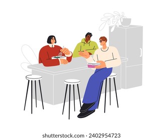 Office workers at lunch break. Colleagues sitting at dining table, having meal together, talking. Employees eat food at corporate kitchen. Flat graphic vector illustration isolated on white background