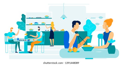Office Workers Lunch Together Vector Illustration. Men and Women Eat During Lunch Break. People Eat Asian and Vegan Food. Self Service in Fast Food. Girl Chooses Dishes in Cafe for Healthy Diet.