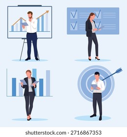 Los trabajadores de oficina hacen una presentación de negocios con gráficos, mujer y hombre en ropa de oficina en ilustración plana de fondo de finanzas azul