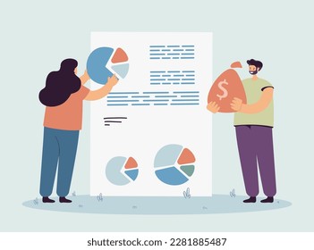 Office workers making business report with pie charts. Businesswoman arranging information and charts for presentation, man holding money bag vector illustration. Business, finances concept