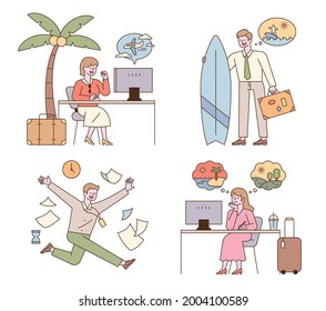 Office workers making vacation plans are sitting at their desks, thinking or throwing away their work and running. flat design style minimal vector illustration.