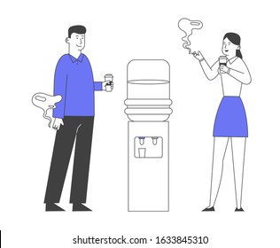 Office Workers Male Female Characters Having Coffee Break Stand near Water Cooler Drinking Hot Beverage, Chatting and Smoking Cigarettes Nicotine Addiction. Cartoon Flat Vector Illustration, Line Art