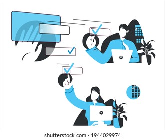 Office workers man and woman choose tasks, mark completed. The concept of task distribution, delegation, labeling, checking, electronic management. Vector illustration isolated on white background