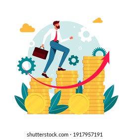 office workers, managers, businessmen running up the career stairs of money. Business goal achievement, career ladder progress, and advancement, Career growth, salary increase. Vector illustration