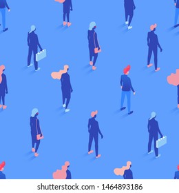 Office workers, managers isometric seamless pattern. Male and female employees with briefcases, businessman and businesswomen on blue background. Corporate workers backdrop, wrapping paper 