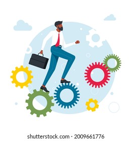 office workers, managers, Successful businessmen running up the career gears mechanism. Business goal achievement, career ladder progress, and advancement, Career growth. Vector illustration