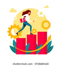 office workers, managers, women, girl running up the career stairs. Business goal achievement, career ladder progress, and advancement, Career growth, career development concept. Vector illustration