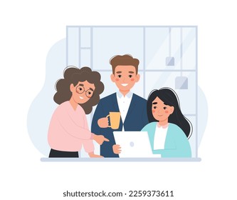 Office workers at meeting, business conversation or presentation, discussing ideas in team. Male and female characters, vector concept illustration in flat cartoon style