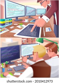 Office workers men sitting at desk with computers. Businessman or clerk working at his office table programmers writing program code. System administrator office worker performs work on data processor