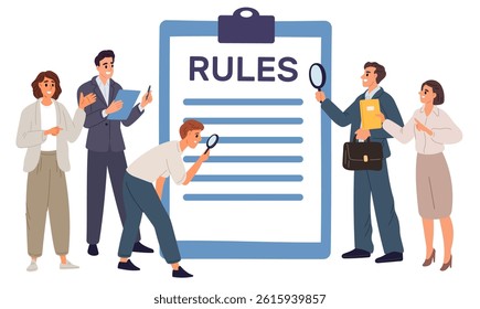 Office workers men and women study regulations. People reading rules and guidelines with magnifying glasses. Restriction learning. Big documents tablet. Laws checklist