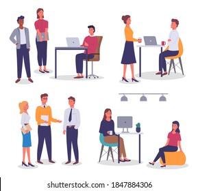 Office workers, men and women, in ыекшсе suits. Desktops with laptops. People work and communicate in the office. Employees, superiors, subordinates. Business meeting, negotiations. Flat image