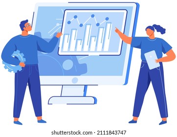 Office workers near information screen with digital indicators and charts. Report presentation analysis, business lecture, conference, online learning. Employees present statistics on monitor