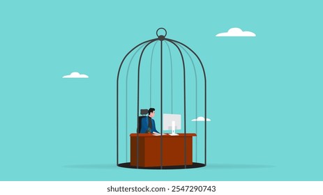 office workers, nine to five job, working monotonously or a system of limiting creativity, employees work in closed bird cages