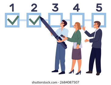 Los trabajadores de oficina observan el progreso del proyecto empresarial. Personas que marcan los elementos completados en el Plan. Trabajo en equipo eficaz. Equipo de empleados tomando marca de verificación en Casilla de verificación. Objetivos y planificación de tareas. Concepto de Vector