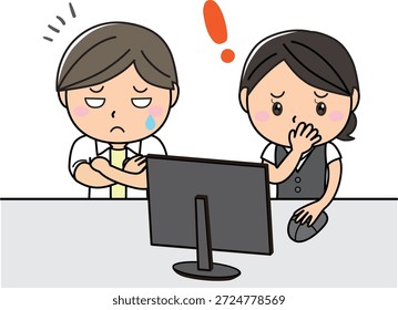 Trabalhadores do escritório percebendo um erro na tela do computador durante a ilustração do trabalho