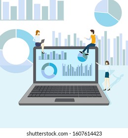 Office workers on the background of a large laptop.The concept of tracking the company's work using infographics.Vector illustration.