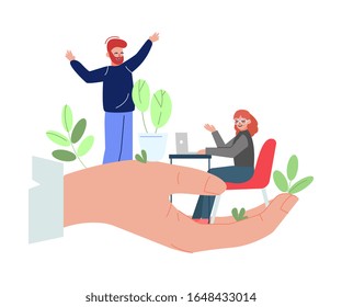 Office Workers On Giant Hand, Office Staff Care, Support, Professional Growth, Personnel Perks And Benefits Vector Illustration