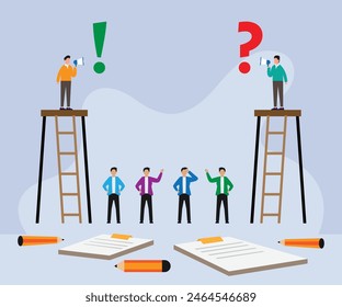 Office workers on ladders debating Ideas in a team meeting 2d flat vector illustration