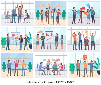 Office workers on team meeting vector, successful team teamwork with idea. Brainstorming concept. People holding jigsaw puzzle communication illustration