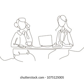 Office workers - one line design style illustration isolated on white background. Composition with businesswomen sitting at the computer, talking on the phone. Client and assistant