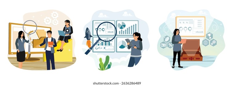 Office workers organize data storage on computers. Analyzing data using a magnifying glass to achieve success. Financial data graphs appear on the laptop computer.