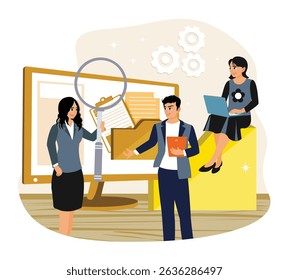 Office workers organize data storage on computers. Office staff search for data and archives in computer databases.
