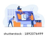 Office workers organizing data storage and file archive on server or computer. PC users searching documents on database. Vector illustration for information technology, source concept