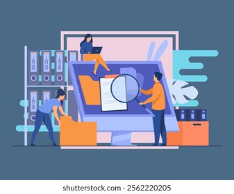 Office workers organizing data storage and file archive on server or computer. PC users searching documents on database. Vector illustration for information technology, source concept